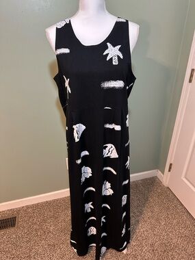 Vintage 1990’s 100% Cotton Tropical Maxi Dress with White Abstract Print- large